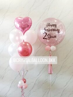 ลูกโป่ง วันครบรอบ Bubble ขนาด 24" กลิตเตอร์สีชมพู พร้อม ช่อฟอยล์หัวใจ ขนาด 18" ช่อ 10 ลูก 1 ช่อ พร้อมตกแต่ง สามารถเปลี่ยนสีลูกโป่ง/เปลี่ยนข้อความ/เปลี่ยนสี-ฟอยล์ตกแต่งได้