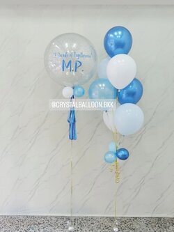 ลูกโป่ง วันครบรอบ Bubble ขนาด 24" กลิตเตอร์สีเงิน 1 ลูก พร้อม ช่อลูกโป่ง ช่อ 7 ลูก 1 ช่อ Theme สีฟ้า พร้อมตกแต่ง สามารถเปลี่ยนสีลูกโป่ง/เปลี่ยนข้อความ/เปลี่ยนขนาดได้