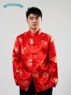 Preorder ชุดจีน ชาย เสื้อคอจีน ผ้าไหมจีน ทอลาย สีแดง
