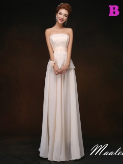 พร้อมเช่า ชุดราตรียาว ชุดเพื่อนเจ้าสาว สีครีม แบบ B เกาะอกลูกไม้ ช่วงเอวเพิ่มระบายสวย (เชือกผูกด้านหลัง)