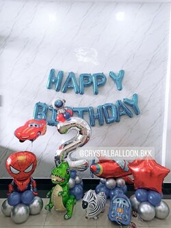 ลูกโป่ง วันเกิดเด็ก Theme เครื่องบิน,Spider Man พร้อม ฟอยล์ตัวอักษร Happy Birthday สีน้ำเงิน พร้อมตกแต่ง ฟอยล์ตัวเลข ขนาด 40" ตั้งฐาน,ฟอยล์ลากจูง สามารถเปลี่ยนสีลูกโป่ง/เปลี่ยนสี-ฟอยล์ตัวเลข-ฟอยล์ตัวอักษร/เปลี่ยนฟอยล์ตกแต่งได้