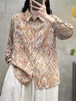 เสื้อเชิ้ตผ้าลินินลายพิมพ์แต่งกระเป๋า