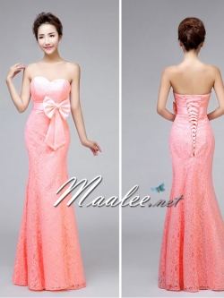 พร้อมเช่า ชุดราตรียาว เกาะอก ลูกไม้สีชมพูโอโรส ทรงหางปลา คอเว้าหัวใจ Sweet Heart