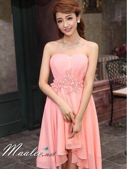 พร้อมเช่า ชุดราตรีสั้น เดรสสั้น แต่งดอกเพิ่มคริสตัล สีโอโรส