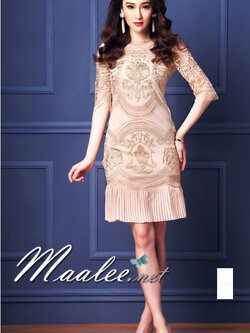 พร้อมส่ง ชุดราตรีสั้น/แขนยาว สี Apricot ลูกไม้ทั้งชุด กระโปรงอัดพลีท (เหลือเฉพาะไซส์ XL)