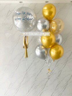 ลูกโป่ง วันเกิด Bubble ขนาด 24" กลิตเตอร์เงิน พร้อมตกแต่ง ช่อลูกโป่ง 9 ลูก 1 ช่อ สามารถเปลี่ยนสีลูกโป่ง/เปลี่ยนข้อความ/เปลี่ยนขนาดได้