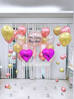 ลูกโป่ง วันเกิด Bubble ขนาด 24" สีโรสโกล พร้อม ช่อลูกโป่ง ช่อ 7 ลูก 2 ช่อ,ลูกโป่งใส ใส่กลิตเตอร์,ลูกโป่งฟองอากาศ 6 เส้น,ฟอยล์หัวใจ 18" 2 ชิ้น วางเดี่ยว พร้อมตกเเต่ง สามารถเปลี่ยนสีลูกโป่ง/เปลี่ยนข้อความ/เปลี่ยนขนาดได้