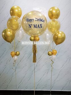 ลูกโป่ง วันเกิด Bubble ขนาด 24" กลิตเตอร์สีทอง พร้อม ช่อลูกโป่ง ช่อ 5 ลูก 2 ช่อ พร้อมตกแต่ง สามารถเปลี่ยนสีลูกโป่ง/เปลี่ยนข้อความ/เปลี่ยนขนาดได้