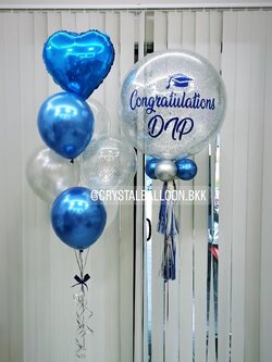 ลูกโป่ง รับปริญญา Bubble ขนาด 24" Theme สีฟ้า พร้อม ช่อลูกโป่ง ฟอยล์หัวใจ ขนาด 18" 1 ช่อ พร้อมตกแต่ง สามารถเปลี่ยนสีลูกโป่ง/เปลี่ยนข้อความ/เปลี่ยนขนาดได้