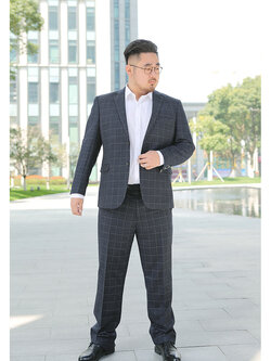 Pre-order ชุดสูทชาย พลัสไซส์ ลายตารางสีกรมท่า