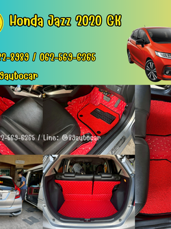 พรมปูพื้นรถยนต์ Honda Jazz GK 2020 (ฮอนด้า แจ๊ส) ปูพรม7D สีแดงสดด้ายทองด้ายเดี่ยว เสริมด้วยพรมดักฝุ่นสีแดงขอบดำ เข้ารูป