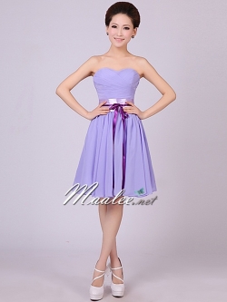 พร้อมส่ง ชุดราตรีสั้น เกาะอก สีม่วง Lavender คอเว้ารูปหัวใจ จับเดรปหน้าอก แต่งคาดเอวซาติน