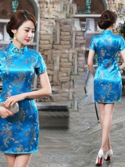 Pre-order กี่เพ้าสั้น สีฟ้า ลายมังกรนกฟินิกซ์ ผ้าไหมจีน กุ๊นขอบ ตัดเย็บอย่างดี