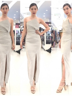 พร้อมเช่า ชุดเดรส เกาะอก ผ่าหน้าขา ผ้า Glitter สีเงิน