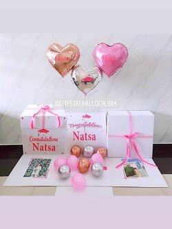 Congratulations Surprise Box กล่องเซอร์ไพรส์ เเสดงความยินดี พร้อม ฟอยล์หัวใจ 18" 3 ชิ้น พร้อมตกเเต่ง สามารถใส่รูปได้ 2 ใบ สามารถเปลี่ยนสีลูกโป่ง/เปลี่ยนข้อความ/เปลี่ยนสีฟอยล์ตกเเต่งได้