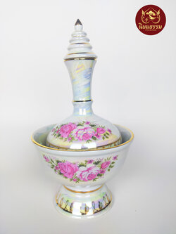 ที่กรวดน้ำเซรามิก ลายดอกไม้สีชมพู ขนาด สูง 7 นิ้ว