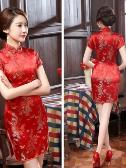 Pre-order กี่เพ้าสั้น สีแดง ลายมังกรนกฟินิกซ์ ผ้าไหมจีน กุ๊นขอบ ตัดเย็บอย่างดี