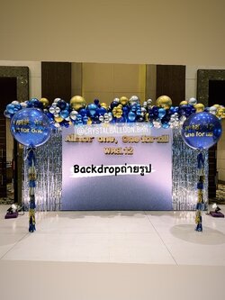 Organic Backdrop Bubble 36" Theme สีน้ำเงิน-สีทอง 2 ลูก พร้อมตกแต่ง ม่านฟอยล์ 2 ชิ้น สามารถเปลี่ยนสีลูกโป่ง/เปลี่ยนข้อความ/เปลี่ยนขนาด/เปลี่ยนสี-ม่านฟอยล์ได้