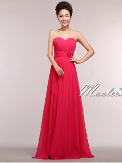 พร้อมเช่า ชุดราตรียาว แบบเกาะอก ผ้าชีฟอง ช่วงอกอัดพลีท แต่งดอกที่เอว สีชมพู Hot Pink