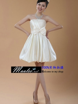 พร้อมส่ง ชุดราตรีสั้น เกาะอก สีครีม Champagne ทรงบอลลูน เรียบหรู จับจีบหน้าอก แต่งโบว์ที่เอว