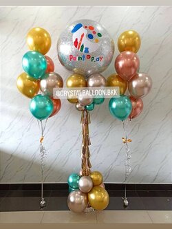 เสาลูกโป่ง เปิดร้าน Bubble ขนาด 36" กลิตเตอร์สีเงิน พร้อม ช่อลูกโป่งสีโครเมี่ยม ช่อ 7 ลูก 2 ช่อ พร้อมตกแต่ง สามารถเปลี่ยนสีลูกโป่ง/เปลี่ยนข้อความได้