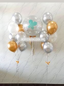 ลูกโป่ง เปิดงาน Bubble ขนาด 24" กลิตเตอร์สีเงิน 1 ลูก พร้อม ช่อลูกโป่งสีโครเมี่ยม ช่อ 7 ลูก 2 ช่อ Theme สีเงินโครเมี่ยม-สีทองอ่อนโครเมี่ยม พร้อมตกแต่ง สามารถเปลี่ยนสีลูกโป่ง/เปลี่ยนข้อความ/เปลี่ยนขนาดได้