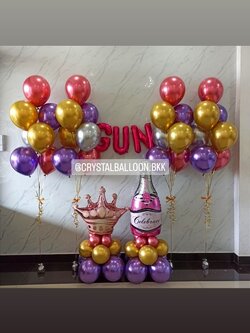 ลูกโป่ง อำลา ช่อลูกโป่งสีโครเมี่ยม ช่อ 7 ลูก 4 ช่อ พร้อม ฟอยล์ตัวอักษร ขนาด 16" 3 ตัวอักษร พร้อม ฟอยล์มงกุฎ ตั้งฐาน 1 ชิ้น,ฟอยล์ขวดไวน์ ตั้งฐาน 1 ชิ้น พร้อมตกแต่ง สามารถเปลี่ยนสีลูกโป่ง/เปลี่ยนสี-ฟอยล์ตัวอักษร-ฟอยล์ตกแต่งได้