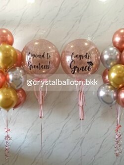 ลูกโป่ง แสดงความยินดี Bubble ขนาด 24" กลิตเตอร์สีโรสโกล 2 ลูก พร้อม ช่อลูกโป่งสีโครเมี่ยม ช่อ 10 ลูก 2 ช่อ พร้อมตกแต่ง สามารถเปลี่ยนสีลูกโป่ง/เปลี่ยนข้อความ/เปลี่ยนขนาดได้