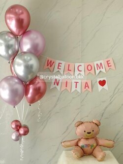 ลูกโป่ง Welcome Baby ช่อลูกโป่งโครเมี่ยม ธีมสีชมพู ช่อ 7 ลูก 1 ช่อ พร้อม ป้ายธง 12 แผ่น,ฟอยล์หมี สีน้ำตาลอ่อน Happy นั่ง 1 ชิ้น พร้อมตกแต่ง สามารถเปลี่ยนสีลูกโป่ง/เปลี่ยนข้อความ/เปลี่ยนสี-ป้ายธง/เปลี่ยนฟอยล์ตกแต่งได้