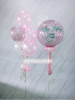 ลูกโป่ง วันเกิด Bubble ขนาด 24" สีชมพู พร้อมตกแต่ง ช่อลูกโป่ง 5 ลูก,ลูกโป่งใส ใส่กลิตเตอร์ สามารถเปลี่ยนสีลูกโป่ง/เปลี่ยนข้อความ/เปลี่ยนขนาดได้