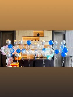 ลูกโป่ง วันเกิด Bubble ขนาด 24" กลิตเตอร์เงิน 1 ลูก พร้อม ช่อลูกโป่ง ช่อ 3 ลูก 4 ช่อ,ช่อลูกโป่ง ช่อ 4 ลูก 2 ช่อ,ช่อลูกโป่ง ช่อ 7 ลูก 2 ช่อ Theme สีน้ำเงินมุก-เงินโครเมี่ยม พร้อมตกแต่ง สามารถเปลี่ยนสีลูกโป่ง/เปลี่ยนข้อความ/เปลี่ยนขนาดได้
