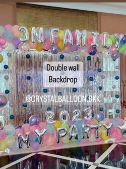 Organic Double Wall Backdrop ขนาด 4x2.5 เมตร Theme Neon Balloon พร้อม ฟอยล์ตัวอักษร 16" 19 ตัวอักษร,ฟอยล์ดาว 24" 1 ชิ้น พร้อมตกแต่ง ม่านฟอยล์ 8 ชิ้น,ลูกโป่งฟองอากาศ 8 เส้น สามารถเปลี่ยนสีลูกโป่ง/เปลี่ยนสี-ฟอยล์ตัวอักษร/เปลี่ยนฟอยล์ตกแต่งได้