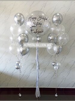 ลูกโป่ง วันเกิด Bubble ขนาด 36" กลิตเตอร์สีเงิน 1 ลูก พร้อม ช่อลูกโป่ง ช่อ 7 ลูก 2 ช่อ พร้อมตกแต่ง สามารถเปลี่ยนสีลูกโป่ง/เปลี่ยนข้อความ/เปลี่ยนขนาดได้