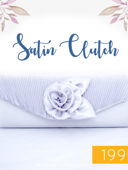 Sale พร้อมส่ง Evening Clutch กระเป๋าออกงาน สีเทาเงิน ผ้าซาตินอัดพลีต แต่งดอกกุหลาบ