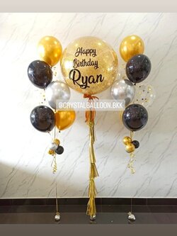 ลูกโป่ง วันเกิด Bubble ขนาด 36" กลิตเตอร์สีทอง 1 ลูก พร้อม ช่อลูกโป่งสีโครเมี่ยม ช่อ 7 ลูก 2 ช่อ Theme สีดำ-ทองโครเมี่ยม พร้อมตกแต่ง สามารถเปลี่ยนสีลูกโป่ง/เปลี่ยนข้อความ/เปลี่ยนขนาดได้