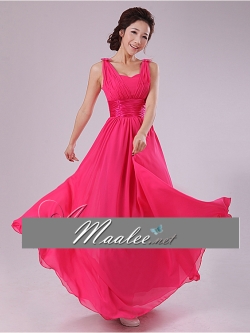 พร้อมส่ง ชุดราตรียาว สไตล์กรีก ผ้าชีฟอง สีชมพู Hot Pink คาดเอวผ้าซาติน เรียบหรู