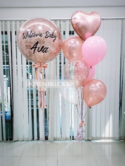 ลูกโป่ง Welcome Baby Bubble ขนาด 24" สีโรสโกล พร้อมตกแต่ง ช่อลูกโป่ง 1 ช่อ,ลูกโป่งใส ใส่กลิตเตอร์,ฟอยล์หัวใจ ขนาด 18" 1 ชิ้น สามารถเเปลี่ยนข้อความ/ปลี่ยนสีลูกโป่ง/เปลี่ยนขนาดได้