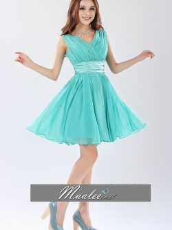 พร้อมเช่า ชุดราตรีสั้น แขนกุด สีน้ำทะเล คอวีหน้า หลัง จับเดรปสวย คาดเอวผ้าซาติน