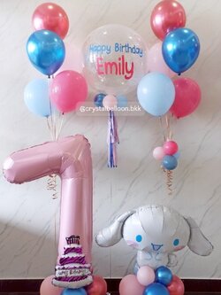 ลูกโป่งวันเกิดเด็ก Bubble ขนาด 24" กลิตเตอร์สีขาว พร้อมลูกโป่งช่อ 5 ลูก 2 ช่อ , ฟอยล์ตัวเลข ขนาด 40" ตั้งฐาน 1 ชิ้น , ฟอยล์Sanrio ตั้งฐาน 1 ชิ้น Theme ชมพู - ฟ้า พร้อมตกแต่ง สามารถเปลี่ยนสีลูกโป่ง/้เปลี่ยนข้อความ/เปลี่ยนขนาดลูกโป่งได้