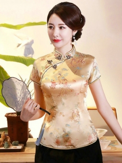 Pre-order เสื้อกี่เพ้า สีทอง ลายมังกรนกฟินิกซ์ ผ้าไหมจีน กุ๊นขอบ ตัดเย็บอย่างดี
