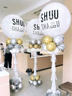 เสาลูกโป่ง เปิดร้าน ลูกโป่งยาง 36" สีขาว 3 เสา พร้อมตกแต่ง ลูกโป่งลายหิน USA สามารถเปลี่ยนสีลูกโป่ง/เปลี่ยนข้อความได้