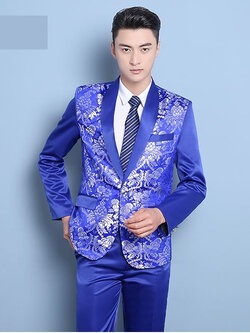 Pre-order ชุดสูทจีนชาย สีน้ำเงินปกคอน้ำเงิน พิมพ์ลายกราฟฟิก