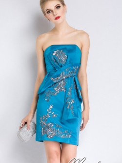 พร้อมเช่า ชุดราตรีสั้น เกาะอก Karen สีน้ำทะเล ปักดอกสีเงิน จับเดรปด้านหน้า (เหลือเฉพาะไซส์ S)