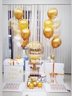 Surprise Box กล่องเงินสุดเซอร์ไพรส์ สำหรับ สายเปย์ Bubble ขนาด 24" Theme สีทอง พร้อมตกแต่ง ช่อลูกโป่ง 2 ช่อ,ลูกโป่งใส ใส่กลิตเตอร์,สามารถใส่รูปได้ 4 ใบ สามารถเปลี่ยนสีลูกโป่ง/เปลี่ยนข้อความได้