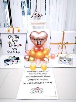 Happy Birthday Surprise Box กล่องเซอร์ไพรส์วันเกิด หัวใจ ตั้งฐาน ขนาด 18" 1 ชิ้น สีโรสโกล พร้อมตกแต่ง สามารถใส่รูปได้ 2 ใบ สามารถเปลี่ยนสีลูกโป่ง/เปลี่ยนสี-ฟอยล์ตกแต่ง/เปลี่ยนข้อความได้