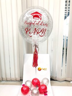 ลูกโป่ง แสดงความยินดี,รับปริญญา แบบกล่อง Bubble ขนาด 24" สีแดง พร้อมตกแต่ง สามารถใส่รูปได้ 4 ใบ สามารถเปลี่ยนสีลูกโป่ง/ข้อความ/ขนาดได้