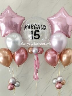 ลูกโป่ง วันเกิด Bubble ขนาด 24" กลิตเตอร์สีเงิน 1 ลูก พร้อม ช่อลูกโป่งฟอยล์ดาว ขนาด 24" ช่อ 5 ลูก 2 ช่อ ธีมสีชมพู พร้อมตกแต่ง สามารถเปลี่ยนสีลูกโป่ง/เปลี่ยนข้อความ/เปลี่ยนขนาด/เปลี่ยนฟอยล์ตกแต่งได้