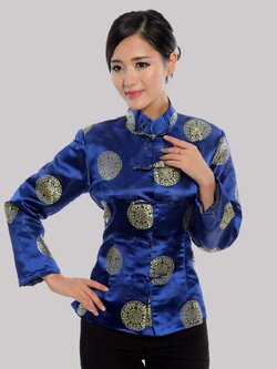 Pre-order เสื้อคอจีน ผู้หญิง ผ้าไหมจีน ทอลาย แขนยาว สีน้ำเงิน