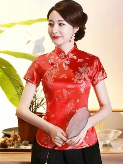 Pre-order เสื้อกี่เพ้า สีแดง ลายมังกรนกฟินิกซ์ ผ้าไหมจีน กุ๊นขอบ ตัดเย็บอย่างดี