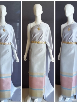 เช่า ชุดไทย ชุดเพื่อนเจ้าสาว ชุดไทยผ้าซิ่นสีเทาเงิน สไบเรียบสีเทา